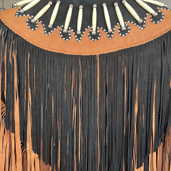 Suede Leather Black and Brown Fringe Jacket - Picture 7 of 8